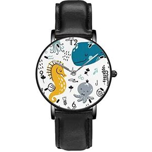 Leuke Doodle Onderwater Walvis Octopus Zeepaardje Kinderachtig Klassieke Patroon Horloges Persoonlijkheid Business Casual Horloges Mannen Vrouwen Quartz Analoge Horloges, Zwart