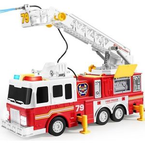JOYIN Grote brandweerauto speelgoed vanaf 2 3 4 jaar, met 83 cm ladder, speelgoedauto, brandweer, ectrische knoppen, lichten, sirenes, draaibare slanghaspel en afneembare waterpomp