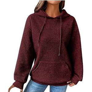 beetleNew Hoodies voor Vrouwen UK Sale Mode Wafel Hooded Sweatshirt voor Vrouwen Winter Dames Casual Losse Warme Knusse Trui met Kangoeroe Pocket, Wijn, XXL