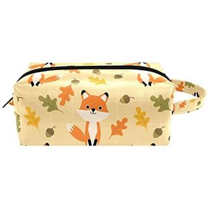 Leuke Fox Bladeren Patroon Lederen Cosmetische Pouch Tas met Handvat, Waterdichte Vierkante Toilettas Reistas, Kleine Potlood Case voor Dames Heren Meisjes Kids