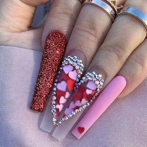 Coffin Long False Nails Heart Press on Nails Rhinestone Stick on Nails Ballerina Acrylic Fake Nails 24pcs for Women and Girls