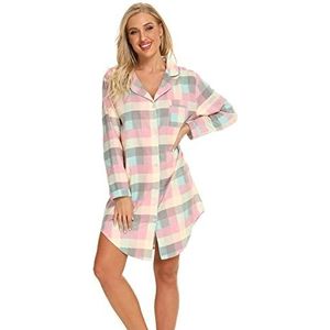 Misscoo Dames Katoen Slaap Shirt, Lange Mouw Button-Down Nachtshirt, Flannel Night Shirt (Vijf Maten)