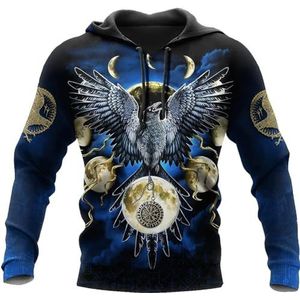Odin Raven Tattoo Pullover Sweatshirt, Scandinavisch 3D Digitaal Printen Vegvisir Klassieke Harajuku Hoodie, Viking Heren Herfstmode Lange Mouw Casual Rits Top(Color:Blue Pullover Hoodie,Size:4XL)