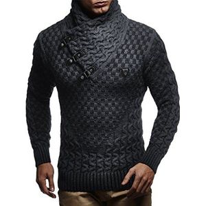 Leif Nelson Gebreide herentrui met lange mouwen, slimfit shirt, basic sweatshirt met sjaalkraag en kunstleer, Zwart, M