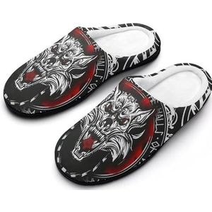 3D Print Noorse Viking Wolf Tattoo Indoor Slippers, Winter Knusse Warme Katoenen Huisschoenen met Antislip Rubberen Zolen(Color:Black F,Size:42EU-43EU)