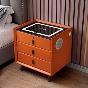 LED-nachtkastje met draadloos laadstation, 2 USB-poorten en 1 Type C, modern slim nachtkastje met vingerafdrukslot en luidspreker, hoogglans nachtkastje (Color : Orange, Size : 3)