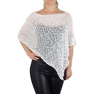 Mimosa damesponcho, fijn gehaakt, popcornstijl, stretchmateriaal, vleermuismouwen, luchtig visnetpatroon, Wit, One size