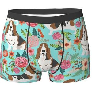 ZJYAGZX Sweet Basset Hound Boxershorts met bloemenprint voor heren - comfortabele onderbroek voor heren, ademend, vochtafvoerend, Zwart, L