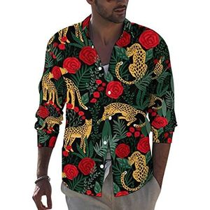 Luipaarden en rozen heren button down shirt met lange mouwen casual strand tops met zak normale pasvorm