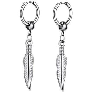 2-16 stuks bengelen oorbellen roestvrij staal ronde CZ Feather lange ketting oorbellen scharnierende hoepel oorbellen voor mannen vrouwen zilver Toon