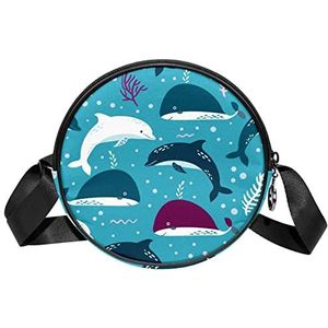 Ronde Crossbody Tas Messenger Purse voor Vrouwen Zeeplanten Cartoon Dolfijn Haai Blauw, Meerkleurig, 6.7x6.7x2.3 in, Sling Rugzakken