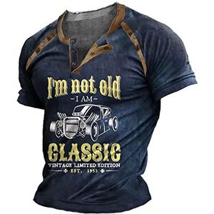 INDIRAN I Am Not Old I Am Classic T-shirts Vintage Distressed Henley T-Shirt Retro Korte Mouw Tops V-hals Button Up Shirts voor Mannen, # 5, L