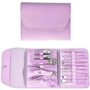 Premium 16-delige nagelverzorgingsset voor thuis, roestvrijstalen tondeuse, pedicureset en reiskoffer inbegrepen manicureset (paars 16 stuks set)