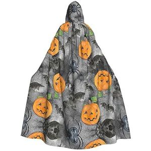 Halloween mantel met capuchon voor volwassenen, Halloween grijze vleermuis spin pompoen print, cosplay kostuum, volledige lengte (185 cm)
