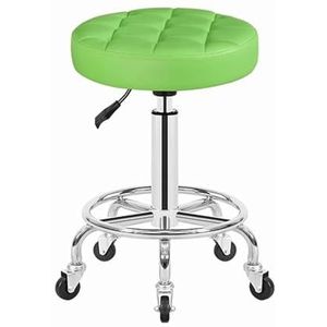 FXLUHAY Draaibare massagesalon kruk met voetsteun, ronde rollende kruk schoonheid spa stoel, in hoogte verstelbare pu-lederen barkruk voor kappers, manicure, tatoeage, kapper, haardr, groen