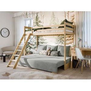 thematys® Liona Stapelbed en sofa voor kinderen, 90 x 200/140 x 200 cm, veelzijdig, ombouwbaar met ladder en valbescherming (naturel met groene overtrek)