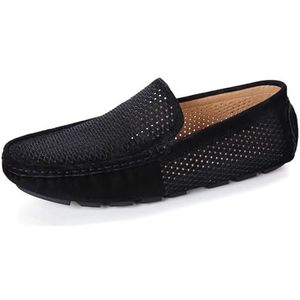 Heren loafers ronde neus suède vamp geperforeerde rijstijl loafer platte hak flexibele comfortabele prom slip-on (Color : Black, Size : 42 EU)