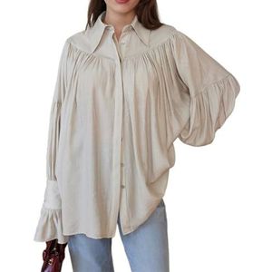 LoprNsdgt Dames Elegante Uitlopende Shirts Met Lange Mouwen Oversized Geplooide Losse Shirts Met Drop Shoulder,Apricot,M