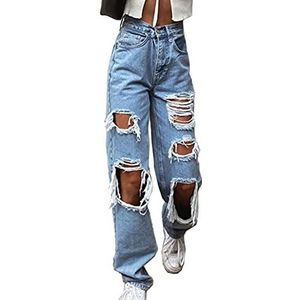 Dames mode sexy jeans casual broek grote gaten lange broek vrouwen jeans gescheurd gerafeld losse denim broek vrouwen kleding blauw L