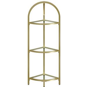 VASAGLE Hoekplank 3 niveaus, boekenkast, plantenplank, vloerplank, badkamerplank, planken van gehard glas, stalen frame, modern, voor woonkamer, keuken, goud metallic LGT811A01