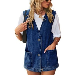 LoprNsdgt Jean Vest Voor Vrouwen V Hals Button Down Mouwloos Plus Size Denim Jas Met Zakken,Dark blue,3XL