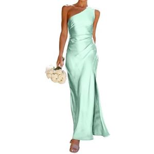 WSEYU Een schouder bruidsmeisjes jurken lange satijnen zeemeermin prom jurk geplooide formele feestjurk met split, Munt, 36
