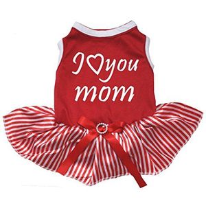 Petitebelle Ik hou van je Moeder Katoen Shirt Tutu Puppy Kleding Jurk, Medium, Rood/Gestreept