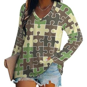 Puzzel Camouflage Dames Lange Mouw V-hals T-shirts Herfst Tops Trui Tuniek Tee voor Leggings