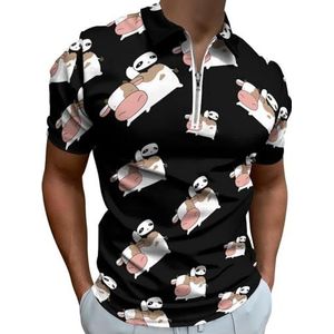 Grappige Panda Ride op Koe Half Zip-up Polo Shirts Voor Mannen Slim Fit Korte Mouw T-shirt Sneldrogende Golf Tops Tees S
