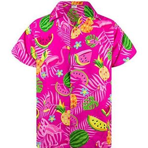 Funky Hawaiiaans Overhemd, Hawaii-Overhemd, Korte Mouw, Flamingo Melon, Roze, XL