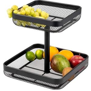 eluno Vierkante fruitetage/broodmand, etagère, fruitschaal, fruitmand van zwart metaal, veel ruimte voor de overzichtelijke opslag van fruit, groenten, brood en snacks in keuken en woonkamer