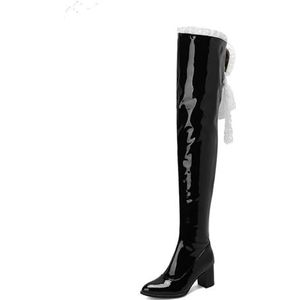 LeaHy Dames Over Knie High Boots Fashions Elegante Block Heel High Heled Boots Warm Winter Thigh High Boots,Black patent leather,39 EU