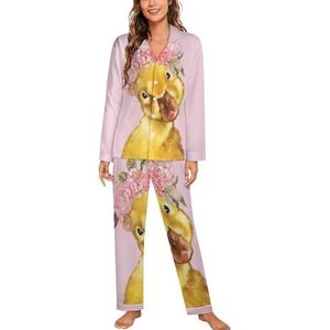 Mooie Kleine Gele Eend Vrouwen Lange Mouw Button Down Nachtkleding Zachte Nachtkleding Lounge Pyjama Set 2XL
