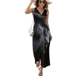 Wilde zwarte panter casual maxi-jurk voor vrouwen V-hals zomerjurk mouwloze strandjurk XL