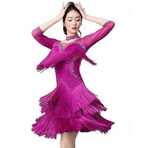 Jurken voor Latijns Amerikaanse dansvoorstellingen Cha Cha Danskleding met 3/4 Mouwen Dames Salsa Ballroom kostuums Tango Danskleding met gelaagde kwastjes Rok voor Rumba,B,3XL