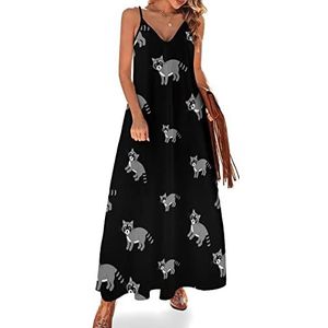 Zwarte wasbeer dames sling maxi jurken V-hals casual mouwloze verstelbare riem sexy lange jurk