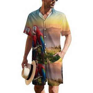 Rode en blauwe ara papegaaien heren Hawaiiaanse pak set 2-delig strand outfit korte mouw shirt en korte broek bijpassende set