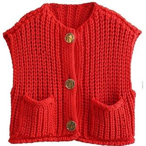 Womens Chunky Knit Crop Sweater Vest Casual,Crop Chunky Crochet Vest Tops Trendy Casual Sleeveless Knit Sweater Vest Cardigan (X-Small,Red)