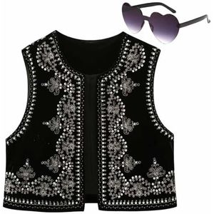 Dames bloemen geborduurd vest top, mouwloos open voorkant cropped blouse vintage vest(Color:Black,Size:L)