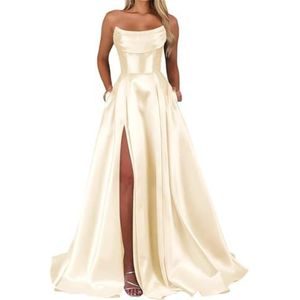 Satijnen bruidsmeisjesjurken voor dames, voor bruiloft, ruches, avondjurken, cocktailjurken, grote maten, Champagne, 32