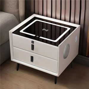 LED-nachtkastje met draadloos laadstation, 2 USB-poorten en 1 Type C, modern slim nachtkastje met vingerafdrukslot en luidspreker, hoogglans nachtkastje (Color : White, Size : 2)