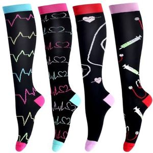 Compressiekousen voor mannen en vrouwen (4 paar) antislip lange schacht ondersteuning kous ideaal voor hardlopen, verpleegkundige, reizen, vlucht, zwangerschap 15-25 mmHg
