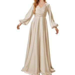 Prinses Bruidsmeisje Jurken Lange Mouw Galajurken V-hals Satijn Formele Avondfeest Maxi Jurk ZM199, Champagne, 32