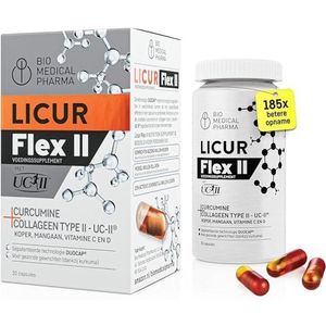 Curcumine met UC-II Collageen, Vitamine C & D, Mangaan en Koper – 185x Hogere biologische beschikbaarheid – NovaSOL Curcumine – Gelijk aan 6.600 mg Kurkuma Extract – Licur Flex II (30 Capsules)