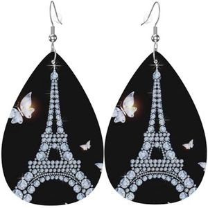 Lederen oorbellen voor vrouwen, Eiffeltoren Gedrukt Lichtgewicht Teardrop Dangle Oorbellen Drop, Eén maat, Sterling zilver, Geen edelsteen