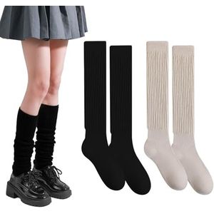 ATSNOSH 2 paar overknee-sokken voor dames, effen, hoge enkelsokken, thermo-fleecestokken, lange sokken voor laarzen, zwart en beige, Eén maat