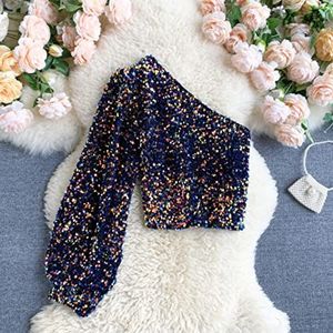 2022 Nieuw product schuine kraag T-shirt strapless eenzijdige pofmouw slim fit korte lovertjes top-blauw, one size