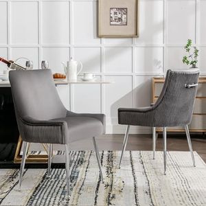 Aunvla Set van 4 eetkamerstoelen met verticale strepen, gestoffeerde stoel, metalen poten met metalen handgreep, moderne loungestoel, slaapkamer-/woonkamerstoel, grijs