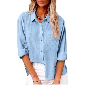 Dames katoenen linnen button-down overhemd 2024 lente casual effen kleur shirts met lange mouwen losse werktops met zakken(Color:Sky Blue,Size:4XL)