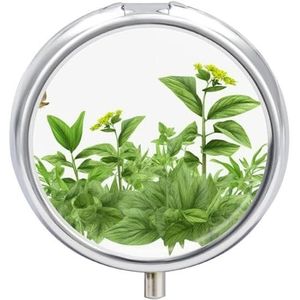 Ronde pillendoos met spiegel 3 compartimenten medicijndoosje kruiden plant bladeren pillendoosje voor portemonnee zak wekelijkse pillenorganisator reizen pillendoos pillencontainer houder voor